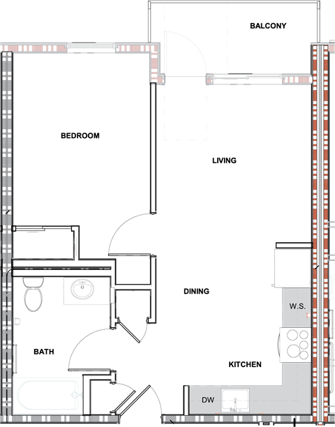 A floor plan of a room with a W.S. and DW.
